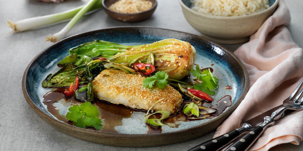Sesamstekt torskfilé med packchoi och ingefära-vitlöksås