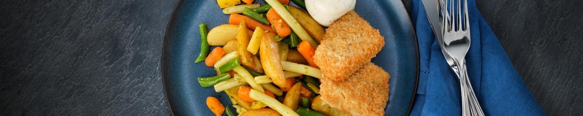 Findus sprödbakade torskfileér med Andalusian Style ugnsgrönsaker