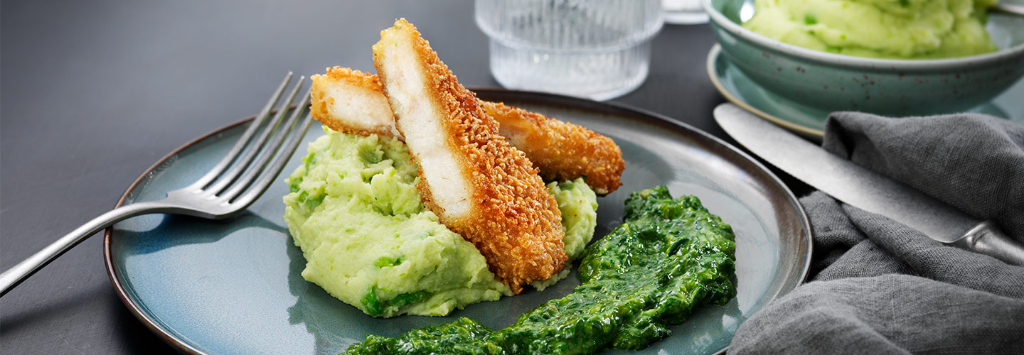 Fish and crisp med potatismos och spenat