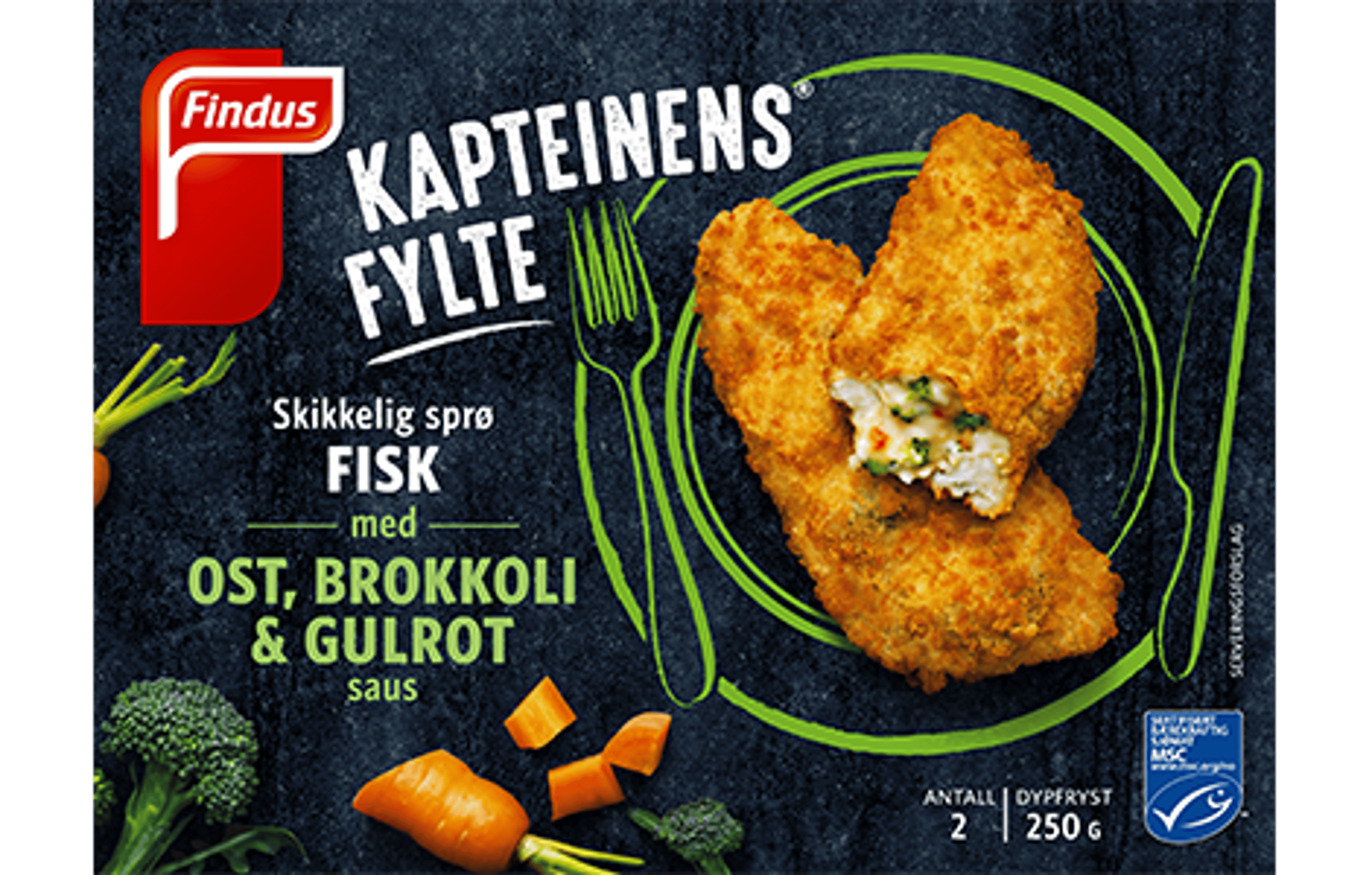 Kapteinens Fylte Fisk med ost brokkoli og gulrot Packshot 470x300.png
