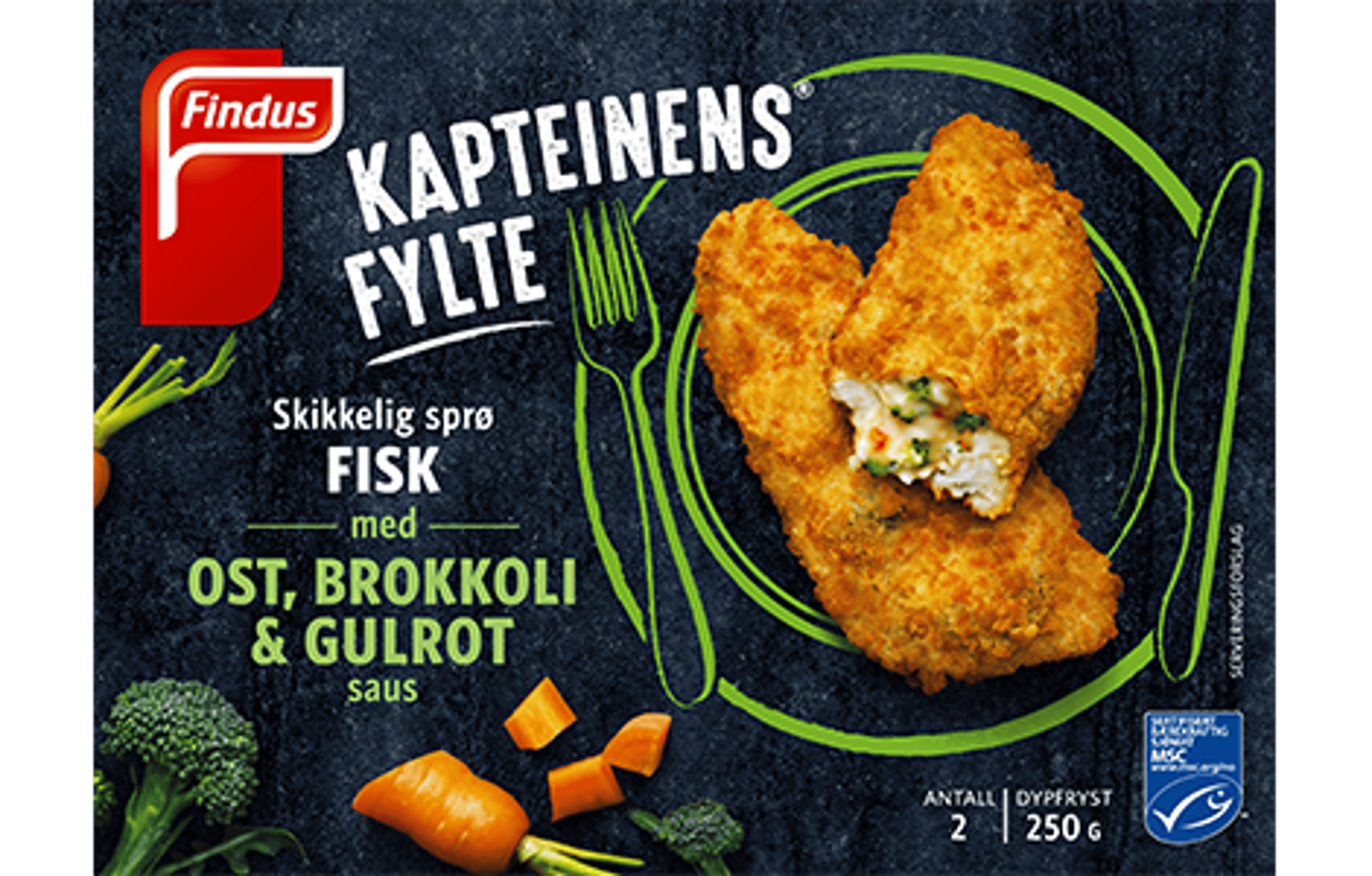 Kapteinens Fylte Fisk med ost brokkoli og gulrot Packshot 470x300.png